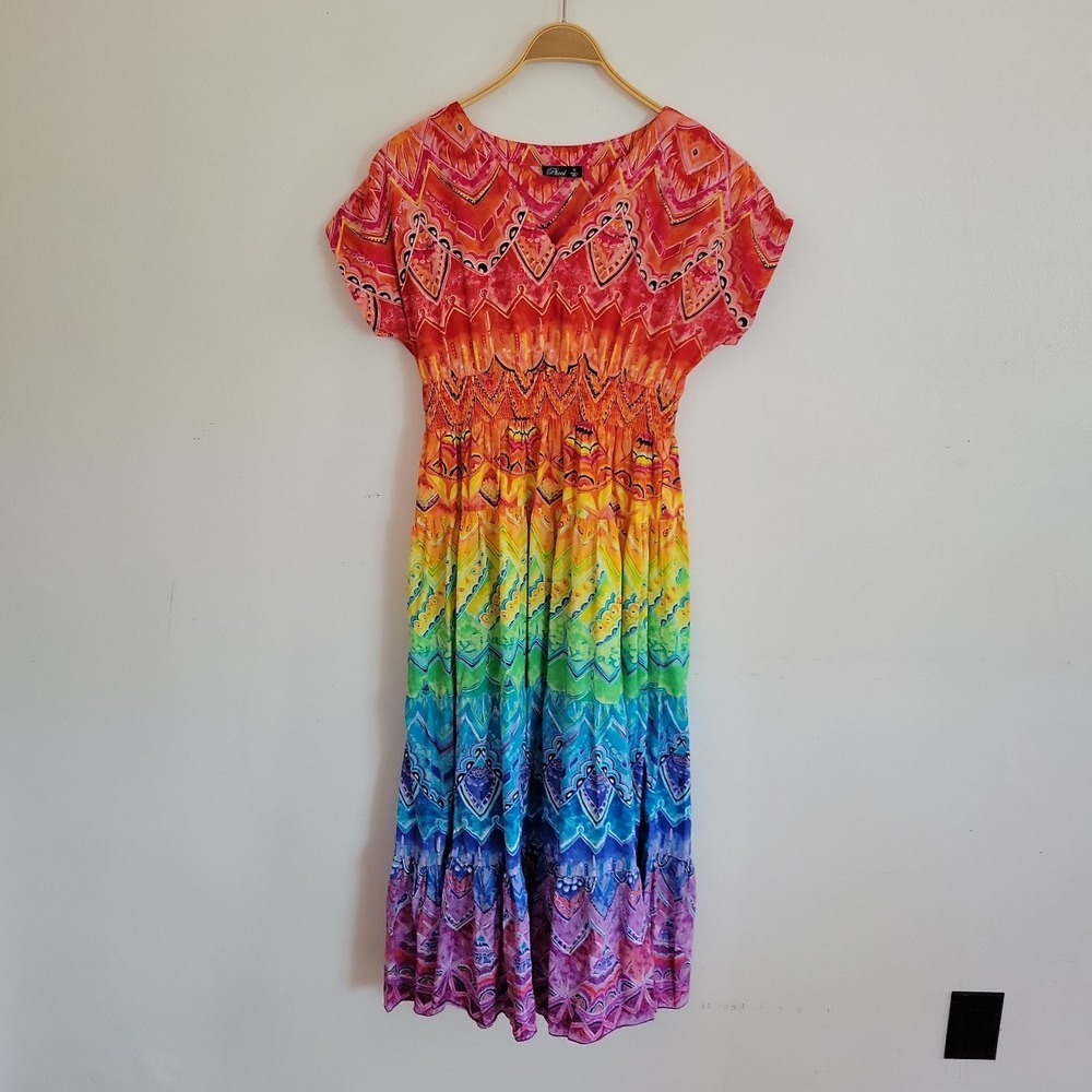 Phool Vintage Maxi Dress 8 Smocked Waist Boho Festival Hippie Rainbow Vibrant